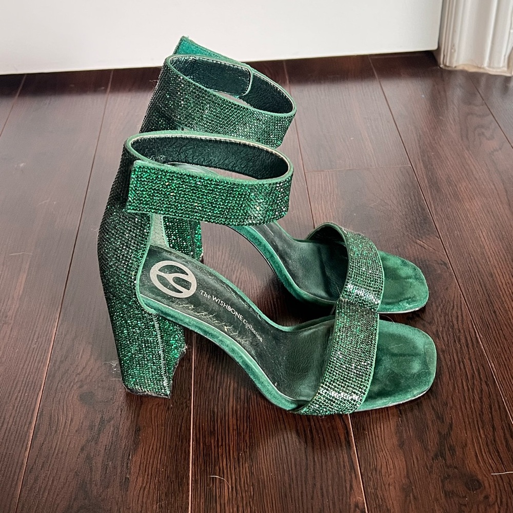Wishbone Green Crystal Block Heel Sandals